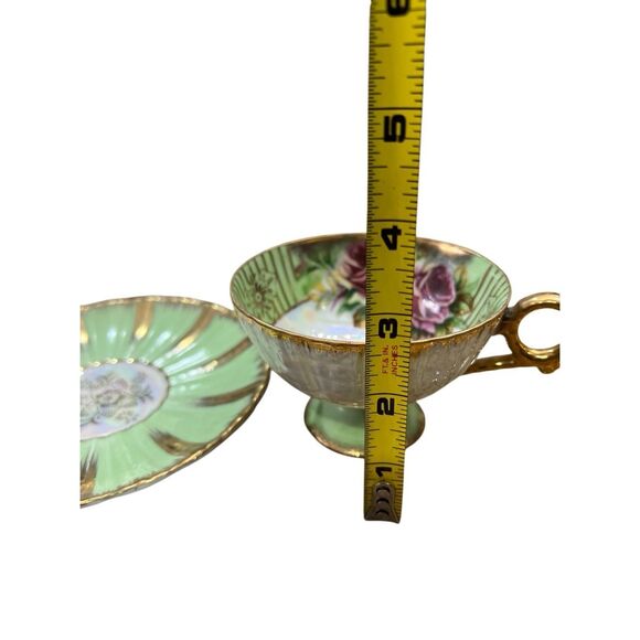 Vintage Royal Sealy Teacup & Saucer Mint Green Gold Iridescent Roses Japan Rare - Picture 4 of 16